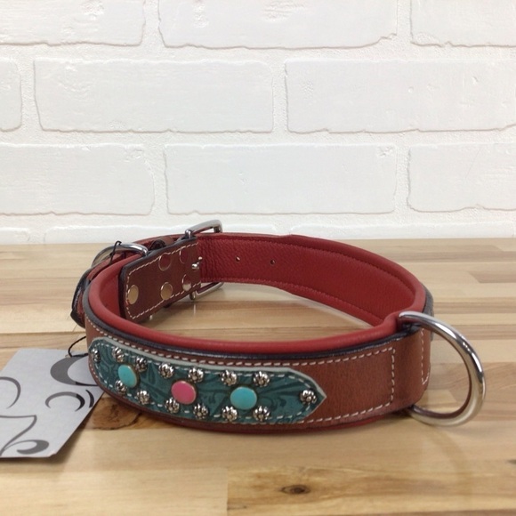 Mad Cow genuine leather jewelry dog collar handmade red pink turquoise studded - Picture 1 of 16